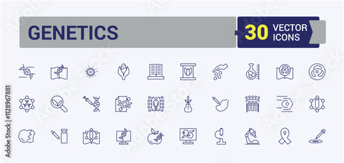 Genetics line web icon set. It contains symbols to science, modified, icons, lab, line, dna, pipette and more. Collection for mobile and web apps. Solid line editable vector illustration.