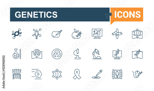 Genetics line web icon set. It contains symbols to science, modified, icons, lab, line, dna, pipette and more. Collection for mobile and web apps. Solid line editable vector illustration.