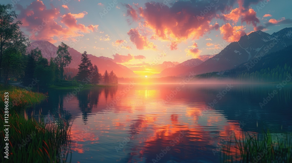 Serene lake reflecting vibrant sunset over majestic mountains. Misty morning light touches the shore. Lush greenery and trees line the tranqui Serene lake reflecting vibrant sunset over majestic mountains. Misty morning light touches the shore. Lush greenery and trees line the tranqui