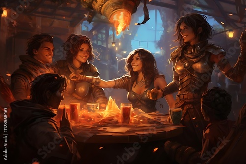 Five adventurers celebrate their victory in a dimly lit tavern, sharing drinks and laughter around a table.