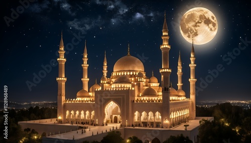 The magnificent mosque with its stunning Islamic architecture shines brightly under the light of the full moon. Its golden domes gleam, and its minarets soar into the starry night sky. photo