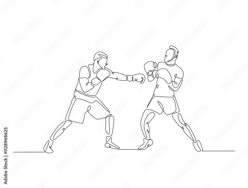 Continuous one line drawing of professional boxing player combat . Two Kingboxing man doing combat training in single line draw vector illustration. Editable line vector. Continuous one line drawing of professional boxing player combat . Two Kingboxing man doing combat training in single line draw vector illustration. Editable line vector.