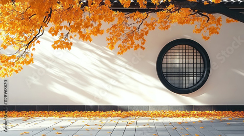 Minimalist Chinese classical garden architecture courtyard ground and autumn leaves photo