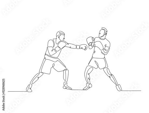 Continuous one line drawing of professional boxing player combat . Two Kingboxing man doing combat training in single line draw vector illustration. Editable line vector.