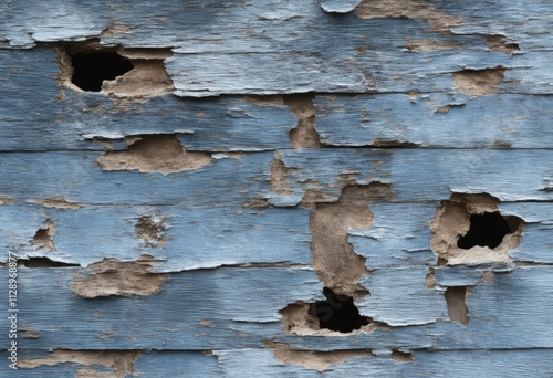 Weathered Blue Wood Siding with Holes and Peeling Paint