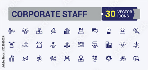 Corporate Staff icons. Contains such icons as success, company, woman, social, resource, office, headhunting and more. Flat UI icon design. Vector line and solid icons.