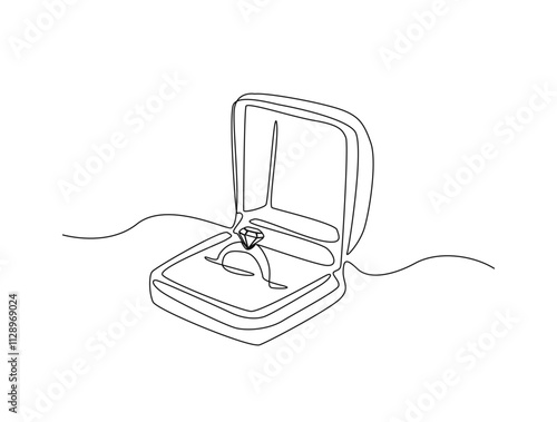 Continuous one line drawing of engagement or wedding ring in the gift box. Editable line vector.