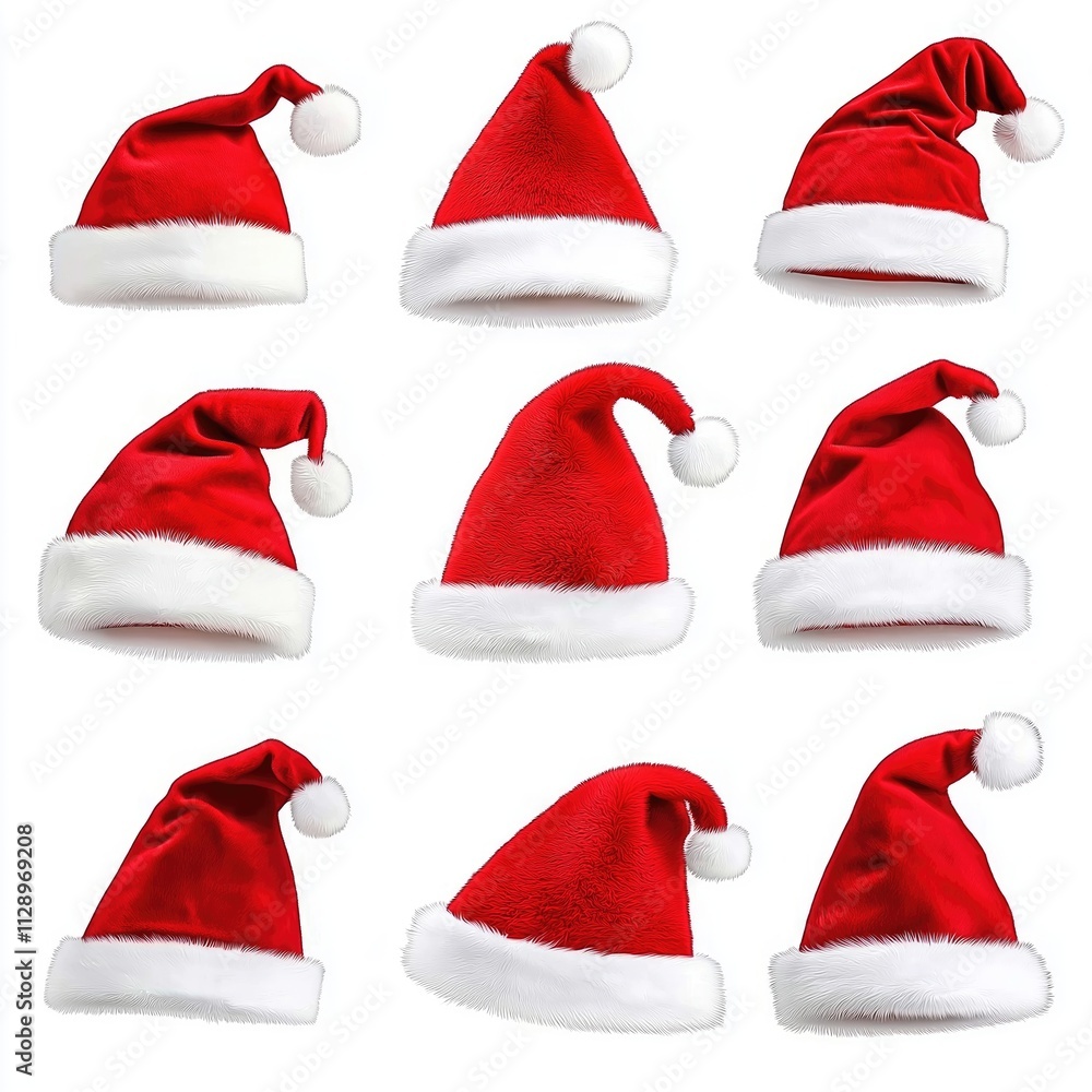 Various styles of Christmas hats, from simple to elaborate designs, placed on a clean white background. Perfect for holiday season, festive celebrations, and Christmas-themed concepts. Various styles of Christmas hats, from simple to elaborate designs, placed on a clean white background. Perfect for holiday season, festive celebrations, and Christmas-themed concepts.