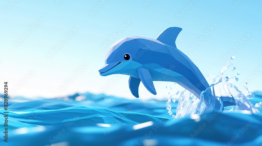 A playful, stylized dolphin jumps above the ocean surface in a vibrant, blue environment. A playful, stylized dolphin jumps above the ocean surface in a vibrant, blue environment.