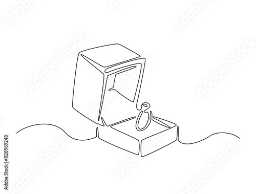 Continuous one line drawing of engagement or wedding ring in the gift box. Editable line vector.