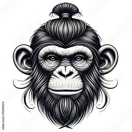 Illustration of a chimpanzee head in monochrome colors. photo