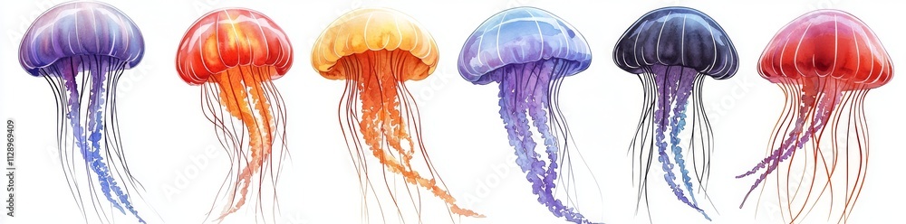 Group of 3D charming happy cartoon jellyfish, isolated on white, available as a png file. Group of 3D charming happy cartoon jellyfish, isolated on white, available as a png file.