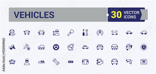 Vehicles icon pack. Includes thin line on, auto, transport, automobile, traffic, wheel, battery, transportation. Set of line pictogram. Editable vector outline and solid icons.