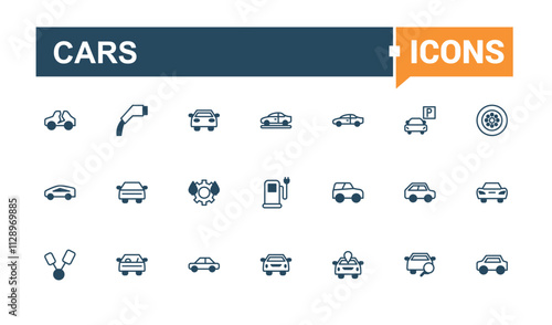 Cars icons. It contains symbols to wheel, service, transport, auto, eco and more. Isolated icons design. Solid line editable vector illustration.