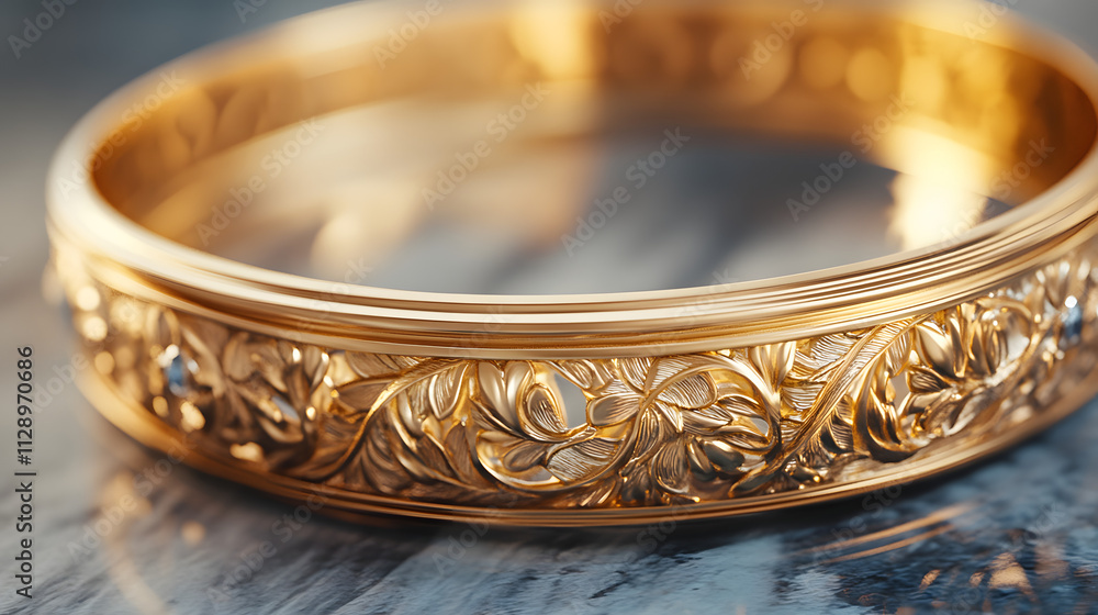 A stunning gold bangle with carved patterns and gemstone accents on a marble surface. A stunning gold bangle with carved patterns and gemstone accents on a marble surface.