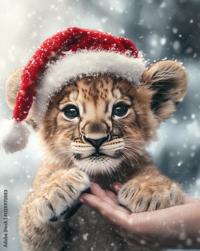 Adorable Lion Cub in Santa Hat, Winter Wonderland Christmas Adorable Lion Cub in Santa Hat, Winter Wonderland Christmas