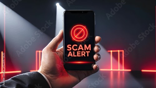 Hand Holding Smartphone Displaying Scam Alert Warning with Red Graphics and Dark Background

 photo