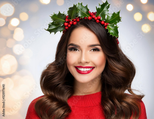 A beautiful woman poses in a red sweater and holly berries crown against a background of soft bokeh lights in a festive holiday portrait