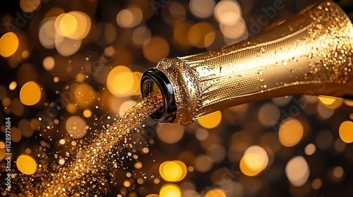 A close-up of a champagne bottle popping open with golden confetti raining down, surrounded by elegant decorations like streamers, balloons, and sparkling lights. Transparent image background. photo