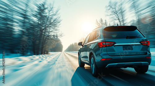 	
A family trip by SUV vehicle during the winter on a snowy road	
