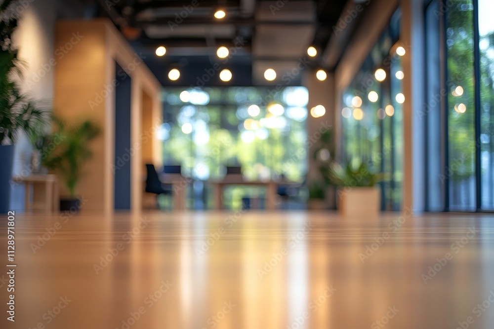custom made wallpaper toronto digitalBlurred modern office interior with wooden floor, large windows, and natural light.