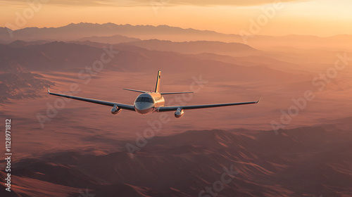 A surveillance plane with advanced radar domes flying above a vast desert at dawn. photo