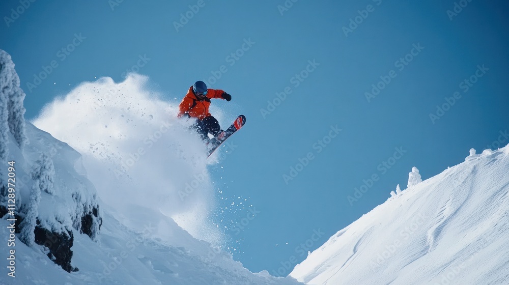 A snowboarder performs a jump in fresh powder snow against a clear blue sky. A snowboarder performs a jump in fresh powder snow against a clear blue sky.