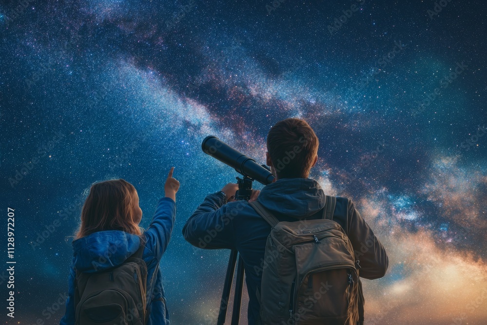 Father and Daughter Stargazing with Telescope under the Starry Night Sky and Milky Way Galaxy Father and Daughter Stargazing with Telescope under the Starry Night Sky and Milky Way Galaxy