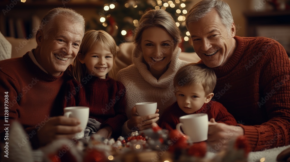 A happy family of three generations, clad in cozy sweaters, gathers on a sofa, enjoying hot beverages and festive holiday cheer in a warmly decorated living room. A happy family of three generations, clad in cozy sweaters, gathers on a sofa, enjoying hot beverages and festive holiday cheer in a warmly decorated living room.