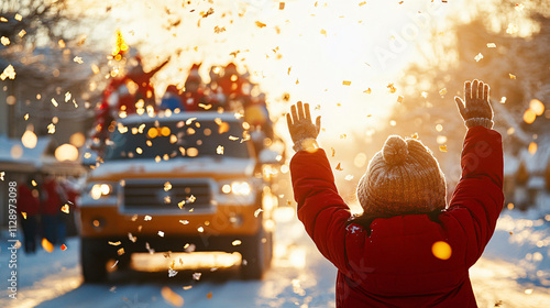 joyful child in red coat celebrates festive parade with confetti