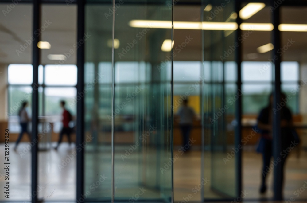 Modern Glass Building With Abstract Reflection of People in Motion Modern Glass Building With Abstract Reflection of People in Motion