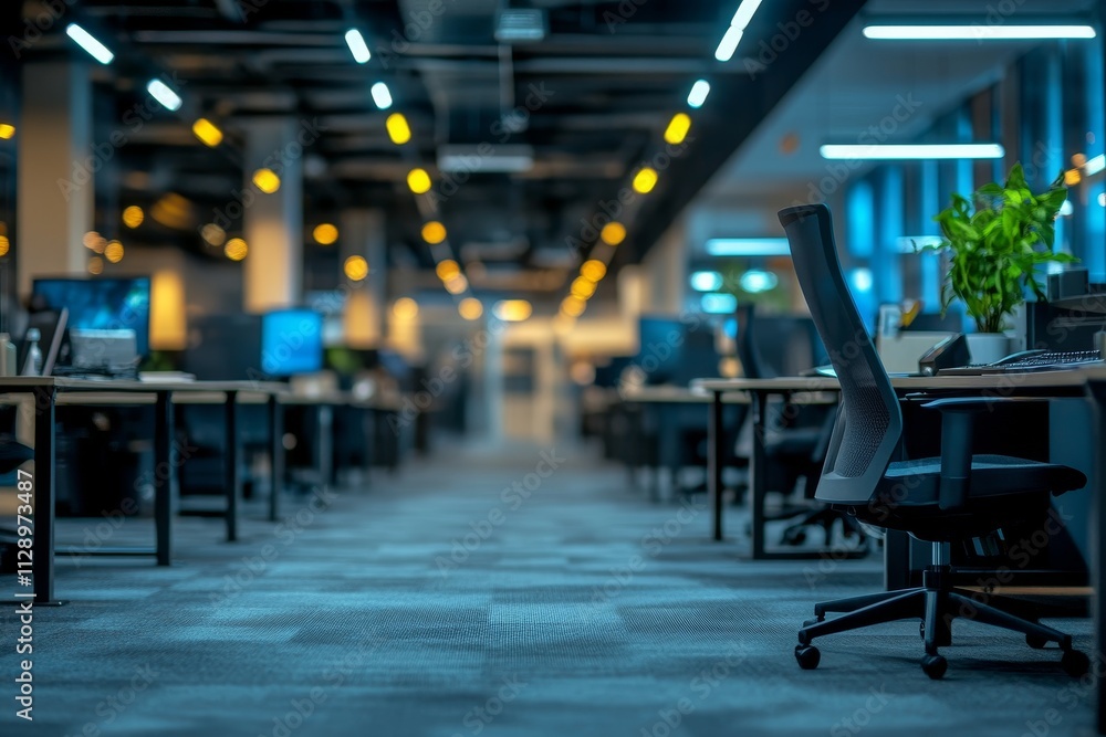 Empty modern office space at night with desks, computers, and chairs. Empty modern office space at night with desks, computers, and chairs.