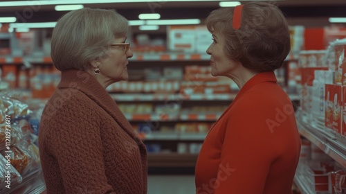 A candid moment of two elderly women engaged in a lively conversation in the aisle of a brightly lit supermarket, expressing camaraderie and familiarity with each other.