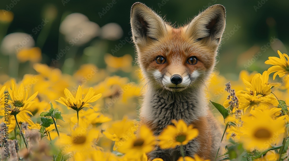Obraz premium Adorable Red Fox Among Bright Yellow Flowers in a Lush Green Field