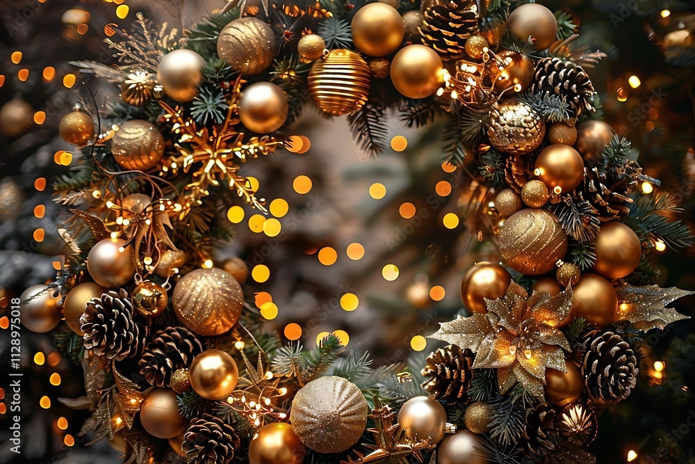 Luxurious gold and bronze Christmas wreath with pine cones, ornaments, and warm bokeh lights. Luxurious gold and bronze Christmas wreath with pine cones, ornaments, and warm bokeh lights.