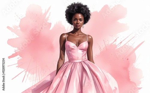 Elegant woman in pink dress poses against a soft watercolor background during a celebration of fashion and beauty