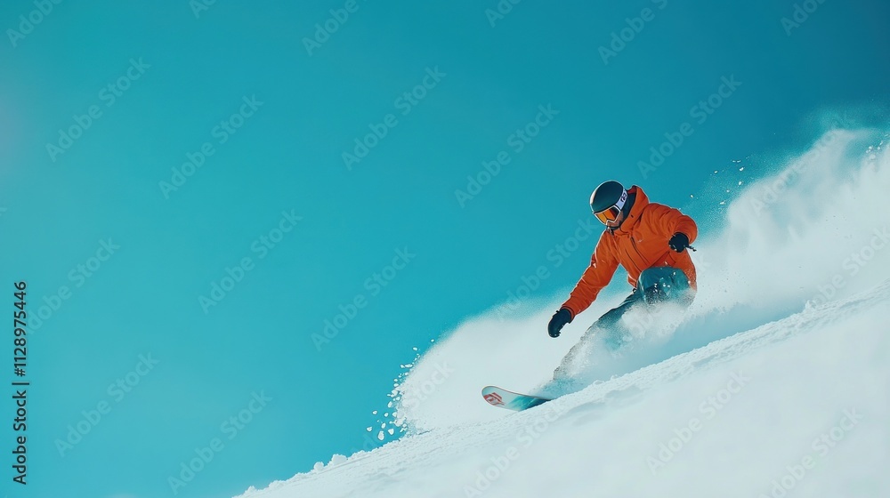 A snowboarder skillfully carving through fresh snow against a bright blue sky. A snowboarder skillfully carving through fresh snow against a bright blue sky.