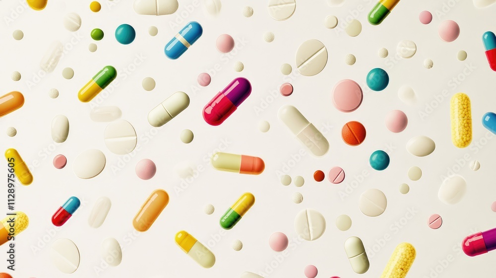 Multi-colored pills and capsules of drugs flying in all directions Multi-colored pills and capsules of drugs flying in all directions