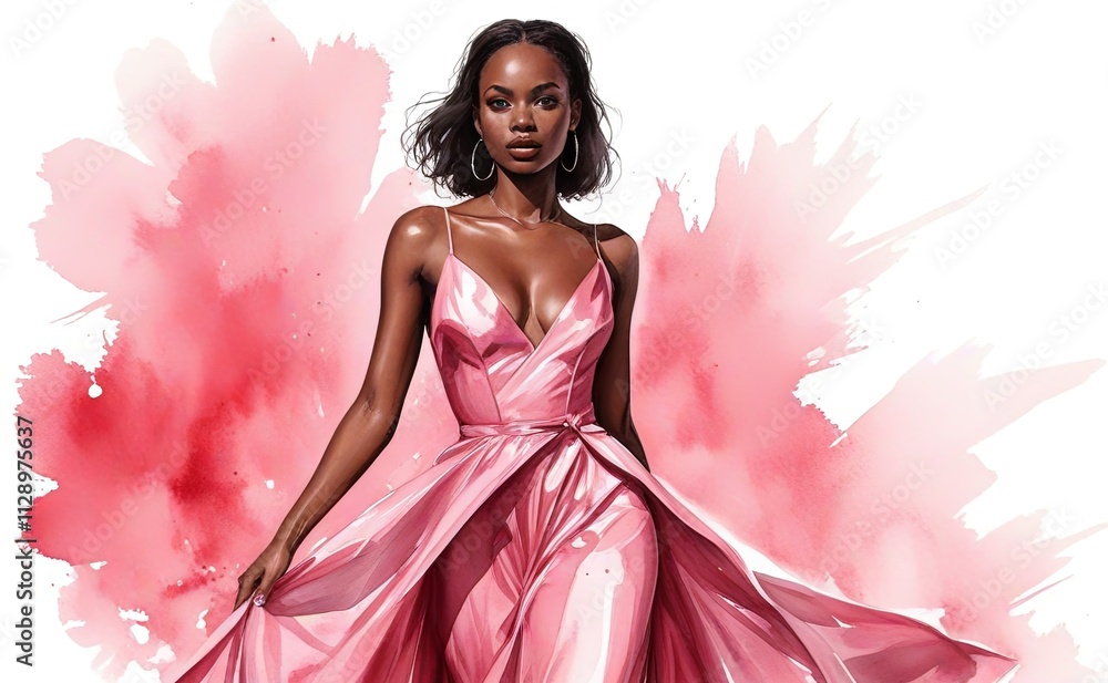 Elegant woman in a flowing pink gown stands confidently against a vibrant watercolor background showcasing her beauty and style Elegant woman in a flowing pink gown stands confidently against a vibrant watercolor background showcasing her beauty and style