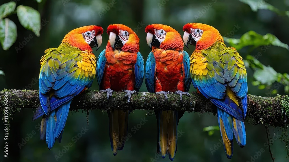 Obraz premium Vibrant Macaws Perched on Branch in Lush Green Rainforest Setting