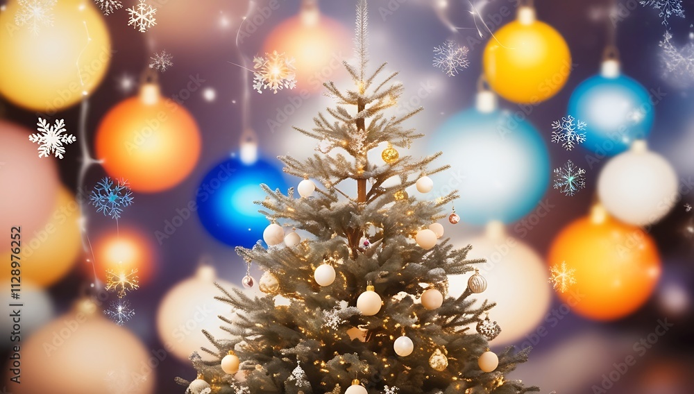 Decorated Christmas Tree With Ornaments And Snowflakes Decorated Christmas Tree With Ornaments And Snowflakes
