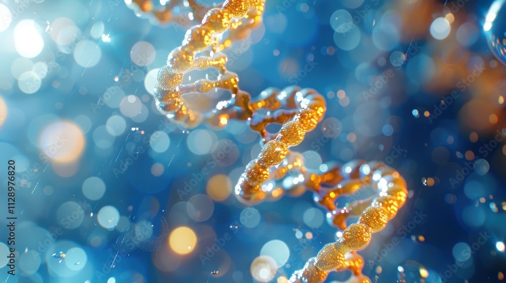 Elegant spiral of rainbow DNA double helix with light bokeh and bubbles, creating a serene blue scene Elegant spiral of rainbow DNA double helix with light bokeh and bubbles, creating a serene blue scene