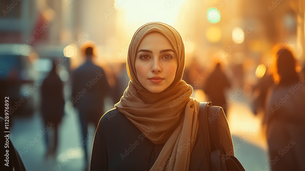 Modern Woman in Hijab Walking Confidently in a Busy Cityscape Modern Woman in Hijab Walking Confidently in a Busy Cityscape