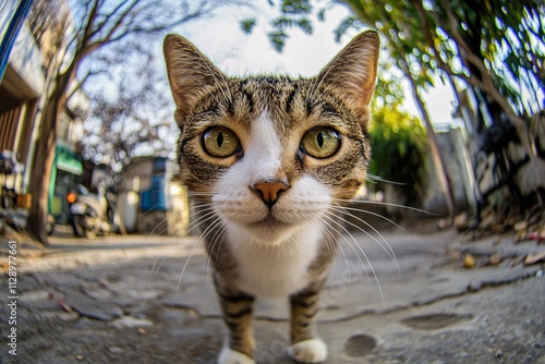 A cat with a curious gaze stares directly into the camera, fisheye lens, 24mm, realistic high-definition, natural soft lighting 2 photo