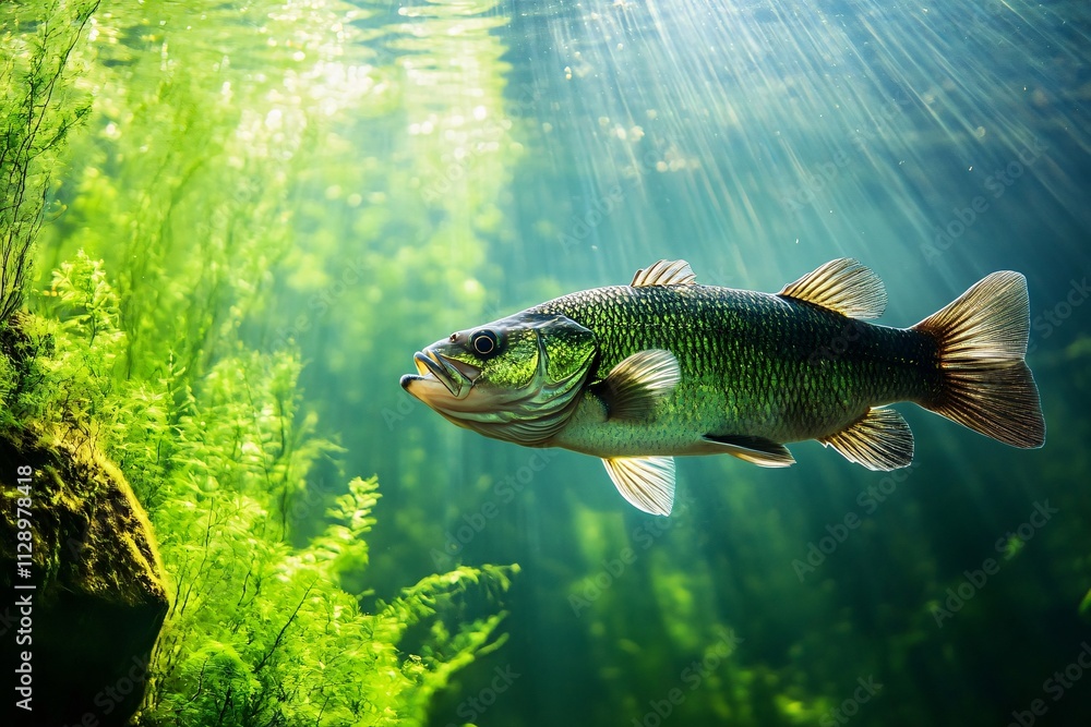 A bass fish swimming in a crystal-clear lake, surrounded by green foliage and sparkling water, vivid colors and sharp details, perfect for an advertising style 5 A bass fish swimming in a crystal-clear lake, surrounded by green foliage and sparkling water, vivid colors and sharp details, perfect for an advertising style 5