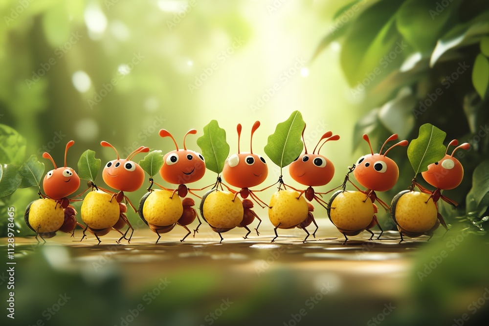 A cheerful group of animated ants carrying leaves in a vibrant, sunlit forest. A cheerful group of animated ants carrying leaves in a vibrant, sunlit forest.