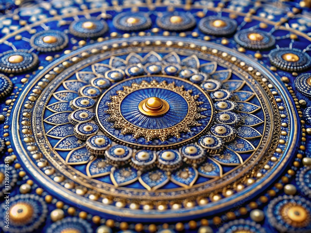 Elegant Wide Format Design in Indigo Blue Shades Featuring Silver and Gold Circular Concentric Corner Motif for Modern Interiors and Branding Projects Elegant Wide Format Design in Indigo Blue Shades Featuring Silver and Gold Circular Concentric Corner Motif for Modern Interiors and Branding Projects