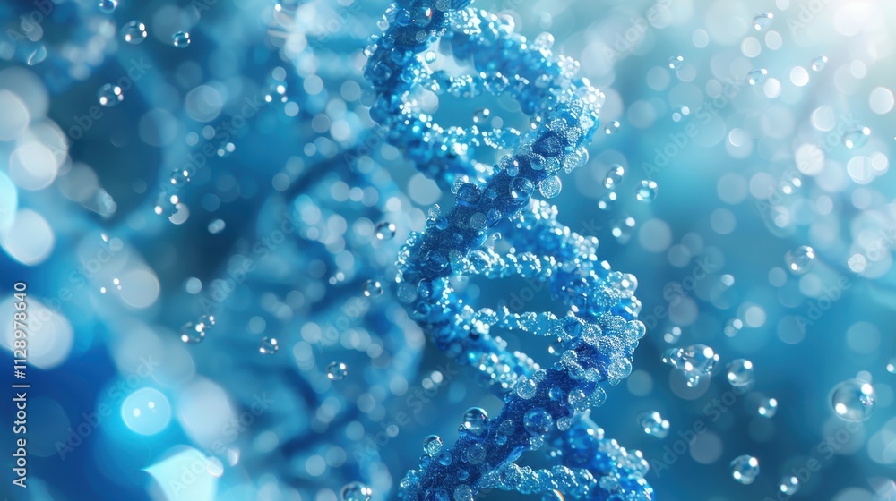 Elegant spiral of rainbow DNA double helix with light bokeh and bubbles, creating a serene blue scene Elegant spiral of rainbow DNA double helix with light bokeh and bubbles, creating a serene blue scene