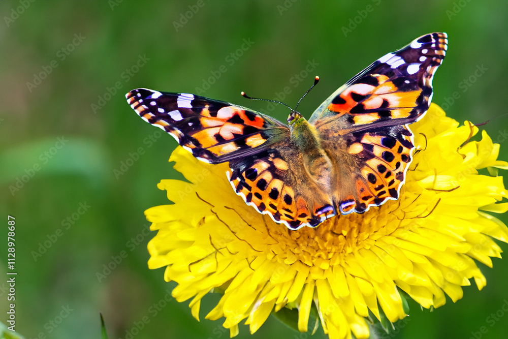 Obraz premium Butterfly is sitting on yellow flower. A butterfly with a green background and flowers. Colorful butterfly with a flower and insect. Colorful butterfly with green and yellow lifestyle flowers on a.