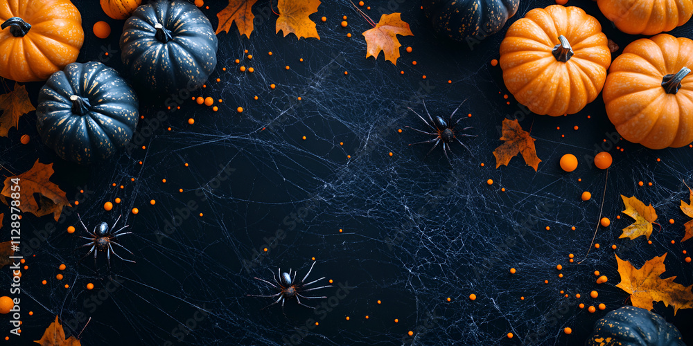 Spooky Halloween Background with Pumpkins and Cobwebs Spooky Halloween Background with Pumpkins and Cobwebs
